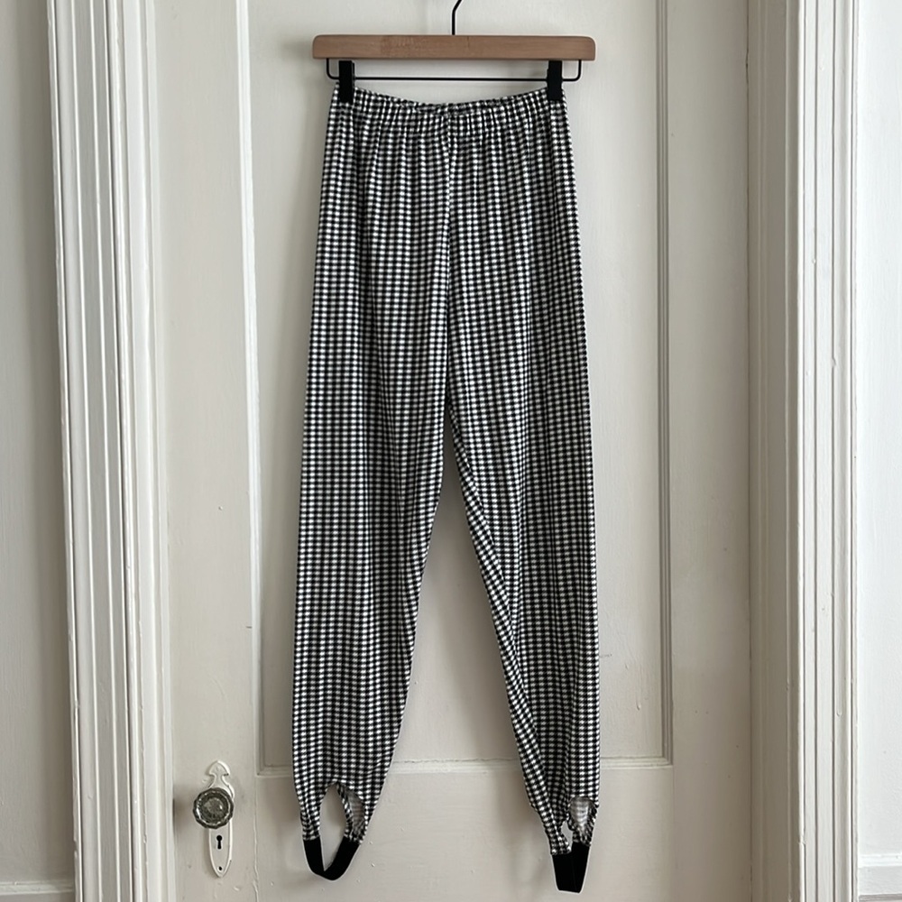 80s Vintage Stirrup Leggings Black & White Checker Herringbone Cotton Blend - Picture 2 of 11